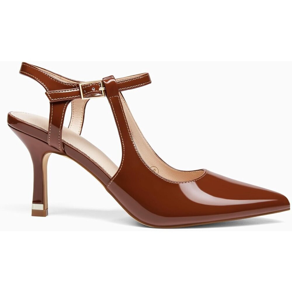 Women's Brown High Heels Pointed Toe Ankle Strap Pumps Patent Dress Shoes - Picture 2 of 5
